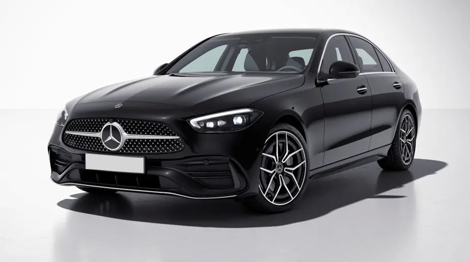 preowned C350 e AMG line Frontal side view of a Mercedes Benz C