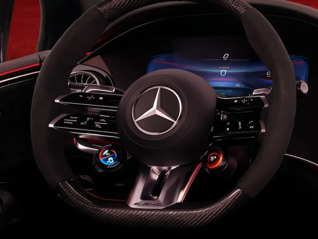 preowned-mercedes-amg-eqe-53-4matic-The AMG steering wheel buttons in the interior of the Mercedes-AMG EQE Saloon
